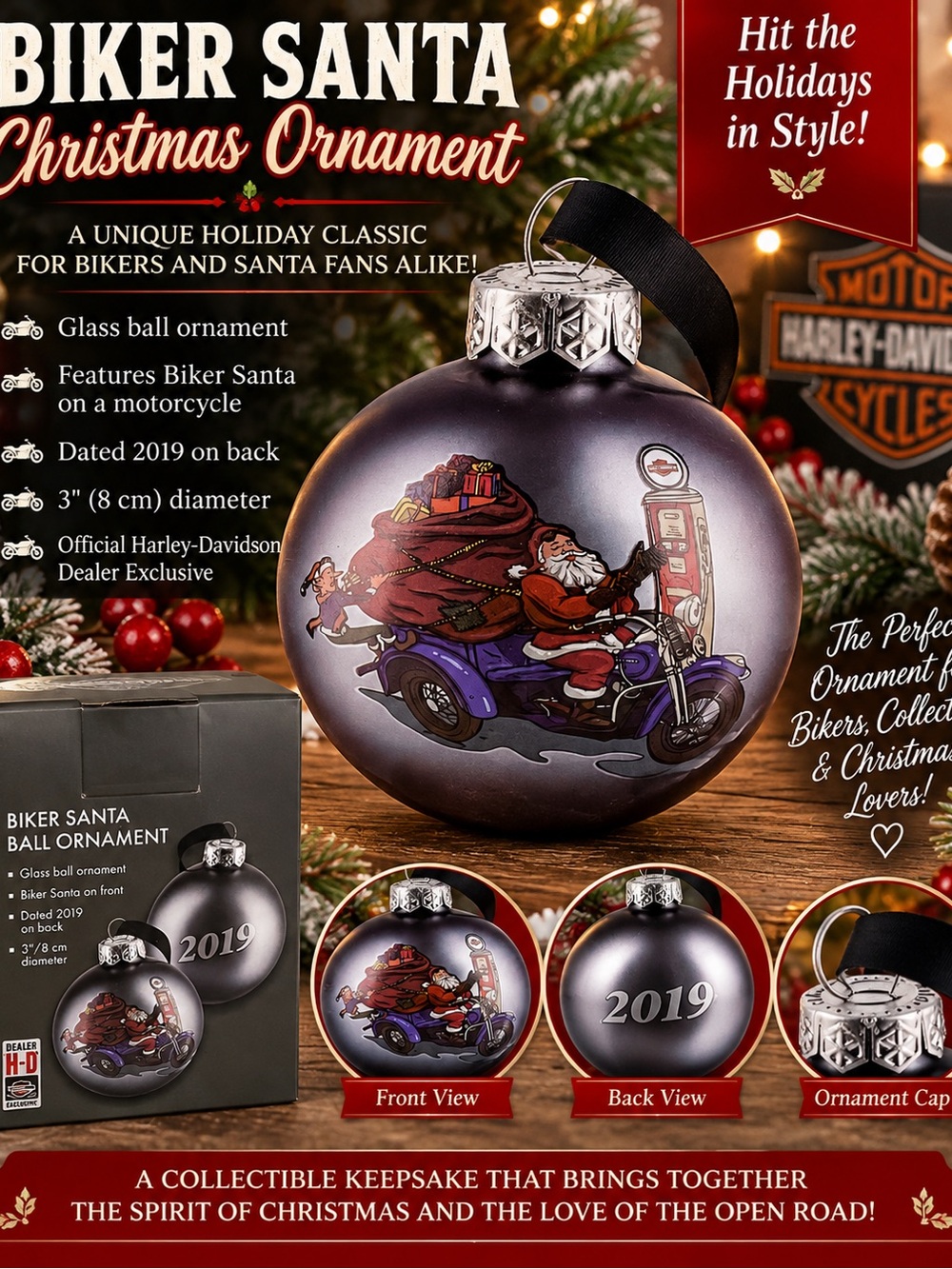 Harley-Davidson Purple and Black Biker Santa Ornament